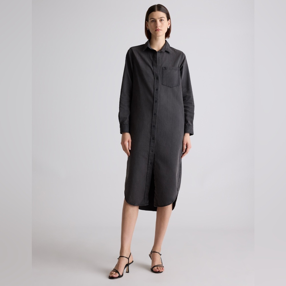 Quince Charcoal Long Sleeve Distressed Denim Dress.